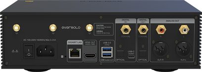 EverSolo DMP-A6 svart nätverksljudspelare, frontpanel med USB-, koaxial-, optisk-, analog- och LED-skärm