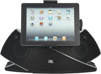 Sort JBL On Beat Xtreme V-formet dockingstation med berøringsskærm, der viser app-ikoner, set forfra