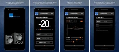 SVS SB-2000 Pro sort askebøg baskabin, 4 visninger af subwoofer-kontrolappen på smartphone