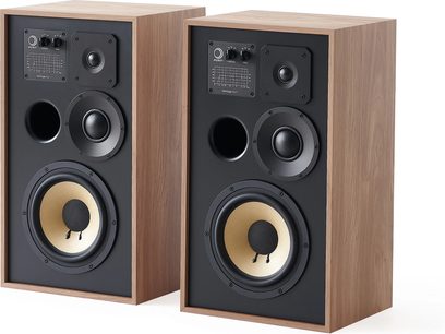 Regallautsprecher Elipson Heritage XLS 11 in hellem Eichenholz, Vorderansicht, zwei Lautsprecher, Holzfinish, schwarzes Gitter