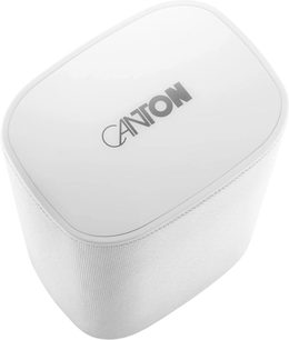 Matwitte Canton Smart Libero connected luidspreker, afgeronde behuizing met stoffen grille, schuin van bovenaf gezien