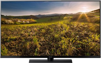 Panasonic TX-49FX740 fladskærms-TV, der viser et solrigt landskab med grønne bakker med spredte træer i de gule og orangefarvede efterårsfarver