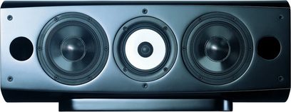 Centrální reproduktor Pioneer S-8EX-W, pohled zepředu, tři černé kruhové reproduktory na šedém kovovém boxu