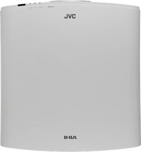 Proyector JVC DLA-NZ500W blanco, vista desde arriba, superficie lisa, esquinas redondeadas, logotipos JVC y D-ILA visibles