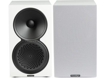 Полична акустична система Paradigm Premier 120B v2 сатиново-біла, вигляд спереду зі знімною білою решіткою та чорними динаміками