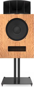 Enceinte bibliothèque Klipsch kO-R1 Figueroa Veneer Chêne avec façade en bois, haut-parleur circulaire noir, évent rectangulaire et support noir