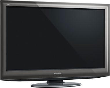 Panasonic TX-L42D25 sort fladskærms-TV set forfra, let vippet på sølvfarvet metalstander
