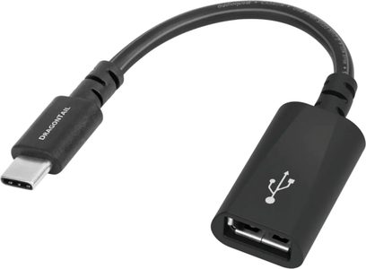 Svart USB-C-kabel Audioquest DragonTail, USB-C- och USB-A-kontakter, böjd, vitt logo på USB-C-kontakten