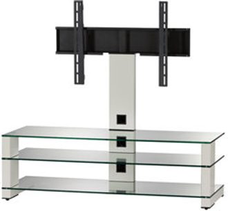 Tv-møbel i glas og sort metal med 3 niveauer, integreret tv-holder og 2 lodrette søjler på hver side
