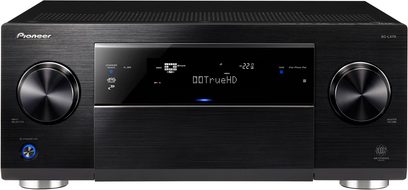 AV receiver Pioneer SC-LX75 černý, přední panel s modrým LCD displejem, stříbrná tlačítka a ovládací kolečka, 2 černé otočné knoflíky