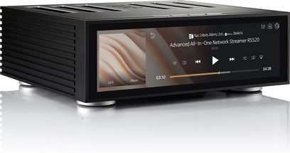Zwarte RS520 all-in-one high-fidelity systeem, vooraanzicht, scherm met abstracte afbeelding, glanzende zwarte voorkant