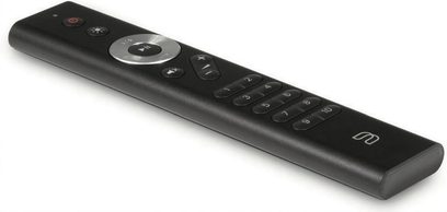 Siyah BlueSound RC1 uzaktan kumanda, üstten görünüm, sayısal tuşlar, kontrol düğmeleri ve gezinme tekerleği