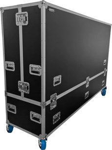 Schwarzes Flightcase Power Acoustics Flight für zwei Bildschirme 90/100, mit silbernen Verstärkungen, Griffen und blauen Rollen