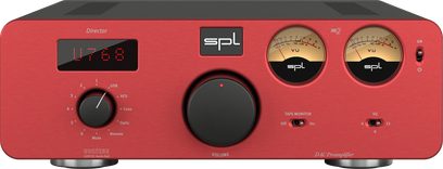 Red SPL Director Mk2 stereo preamplifier with red front panel, digital display, central knob, 2 round VU meters, and switches
