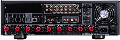 Front panel of a black NAD T778 home theater amplifier with numerous inputs, buttons, and a central LED display
