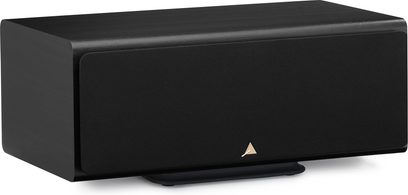 Black Triangle Solstice C3 center speaker with front grille and rectangular cabinet, three-quarter view
