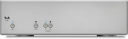 Hi-fi-effektforstærker T+A A 200 sølv, minimalistisk sølvfront med tre knapper set forfra