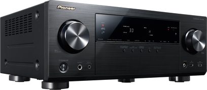 Pioneer VSX-828-K sort hjemmebiografsforstærker, frontpanel, frontvisning, knapper og drejeknapper til justering, LED-display