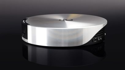 Elipson Music Center vinilinė plokštelių grotuvė iš šlifuoto plieno, priekinis vaizdas iš viršaus, apvalus dėklas ir juoda grojimo svirtis