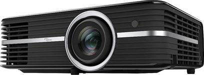 Optoma UHD370X sort videoprojektor, frontvisning, centreret linse, sideventilationsriste, rektangulær forlænget form