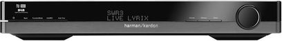 Harman Kardon TU 980-tuner, sort frontpanel med blå LCD-skærm, sølvfarvede knapper og kontrolknap