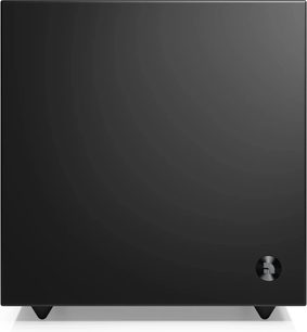 Schwarzer Subwoofer Audio Pro SW-5, von vorn gesehen, mit quadratischer Front, Logo unten rechts und zwei kegelförmigen Füßen