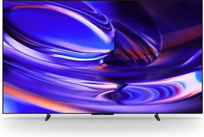 Televisore Sony BRAVIA 6 K65A60 a schermo piatto nero su due piedini, visualizzazione astratta blu e viola