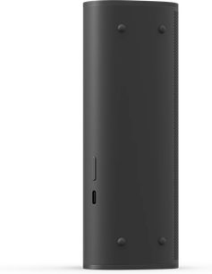 Sonos Roam Shadow Black højttaler, cylindrisk, mat sort, perforeret gitter på den øverste halvdel, knapper på toppen