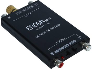 Preamplificator phono Enova HIFI MC-MM PP 120, carcasă dreptunghiulară neagră, conectori RCA, întrerupătoare, intrare USB, vedere în perspectivă
