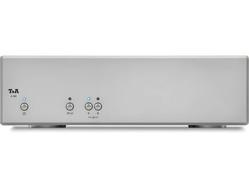 Hi-fi výkonový zosilňovač T+A A 200 strieborný, minimalistický strieborný predný panel s tromi tlačidlami pri pohľade spredu