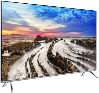 „Samsung UE75MU7005" televizorius, vaizduojantis uolėtą pakrantės peizažą saulėlydžio metu su spalvingomis debesimis danguje
