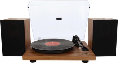 Hi-fi gramofon Enova HIFI Vision 2 SET ořech, povrchová úprava Dark wood, pohled zepředu, otevřené víko, raménko, reproduktory