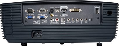 Optoma HD36 videoprojektor, bagside, HDMI-, VGA-, S-Video-, lyd- og USB-tilslutninger, nærbillede