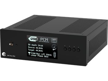 Audio DAC prevodník Pro-Ject DAC Box RS2 čierny, trojštvrťový pohľad, farebný displej na prednom paneli a ovládacie tlačidlá