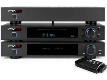 Catena hi-fi IOTAVX nera in elementi separati con lettore CD, amplificatore e modulo Bluetooth USB, vista frontale