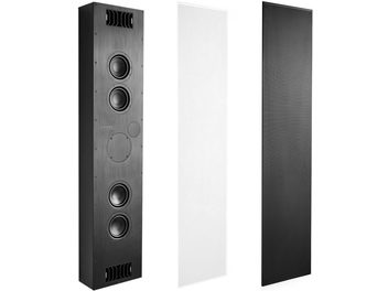 Zapustitelný subwoofer PMC Ci140 sub v třech provedeních: tmavé dřevo, bílá a černá, se čtyřmi kulatými reproduktory