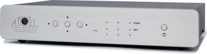 Atoll DAC100 Signature sølv audio DAC-konverter, front med stik og vælgere, børstet metalkabinet