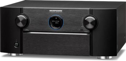 Ampli home-cinéma Marantz SR7015 noir, vue de face, façade noire avec boutons et molettes, affichage bleu au centre