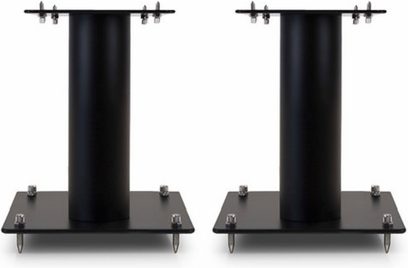 To sorte Norstone Stylum S gulvhøjttalere i sort satinmetal, cylindrisk form med firkantet base og afkoblingsben