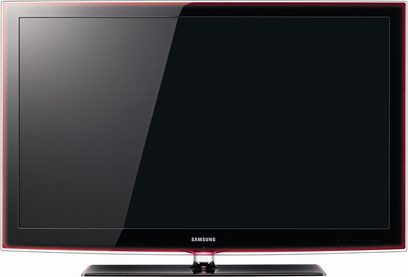 Samsung UE40B6000 fladskærms-tv slukket, sort skærm, rød ramme, set forfra