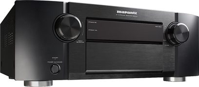 Marantz SR6004 sort hjemmebiografsforstærker, frontpanel med knapper, drejeknapper, display og stik til hovedtelefoner og mikrofon