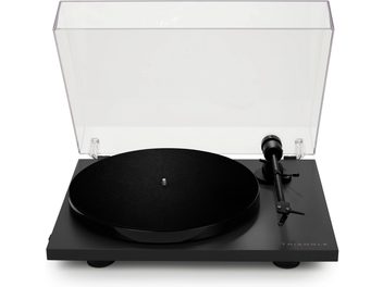 Hi-fi platespiller Triangle Lunar 1 i sort, rektangulært chassis, sirkulær tallerken, tonearmen, på svart bakgrunn