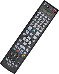 Telecomando nero Denon RC-1128 con tasti multicolori e schermo LCD, vista frontale