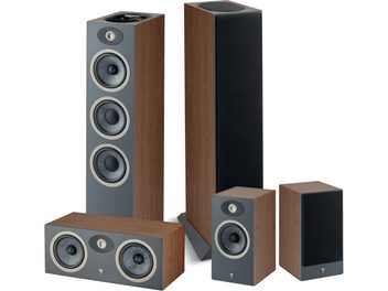 Focal Theva N°3-D floorstanding speaker pack in dark walnut and matte anthracite gray, front view