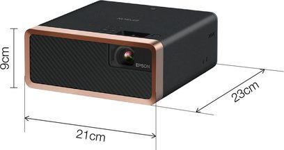 Epson EF-100 sort videoprojektor, set forfra og fra siden, rektangulær form, centreret linse, dimensioner 23 cm x 21 cm x 9 cm