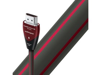 Kabel HDMI Audioquest Cherry Cola 48 Optical, srebrna końcówka USB, czerwono-czarna osłona, zbliżenie na końcówkę