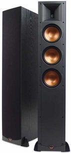 Sorte Klipsch RF-63 gulvhøjttalere med tre synlige runde kobberfarvede højttalerenheder på fronten, set forfra