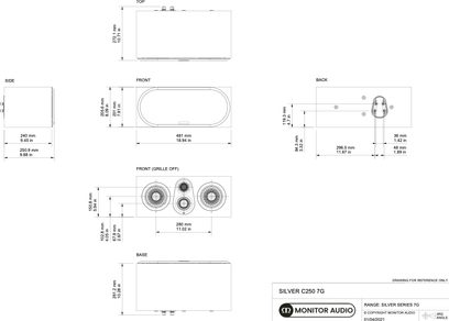 Monitor Audio Silver C250 7G merkezi hoparlör, saten beyaz, ön, üst, yan, arka ve çıkarılmış ızgara görüntüleri