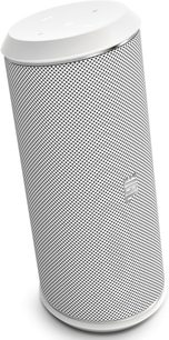 Witte cilindrische draagbare luidspreker JBL Flip 2, met geperforeerde metalen grille over het grootste deel van het oppervlak, vooraanzicht
