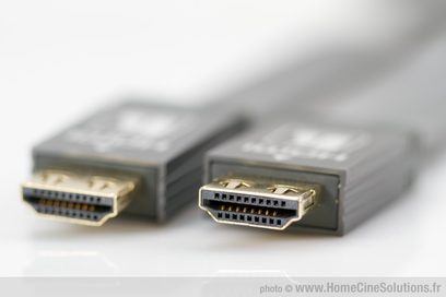 To Kramer Electronics HDMI-fladkabler med guldbelægning på 7 m, set i nærbillede forfra på en uskarp grå baggrund